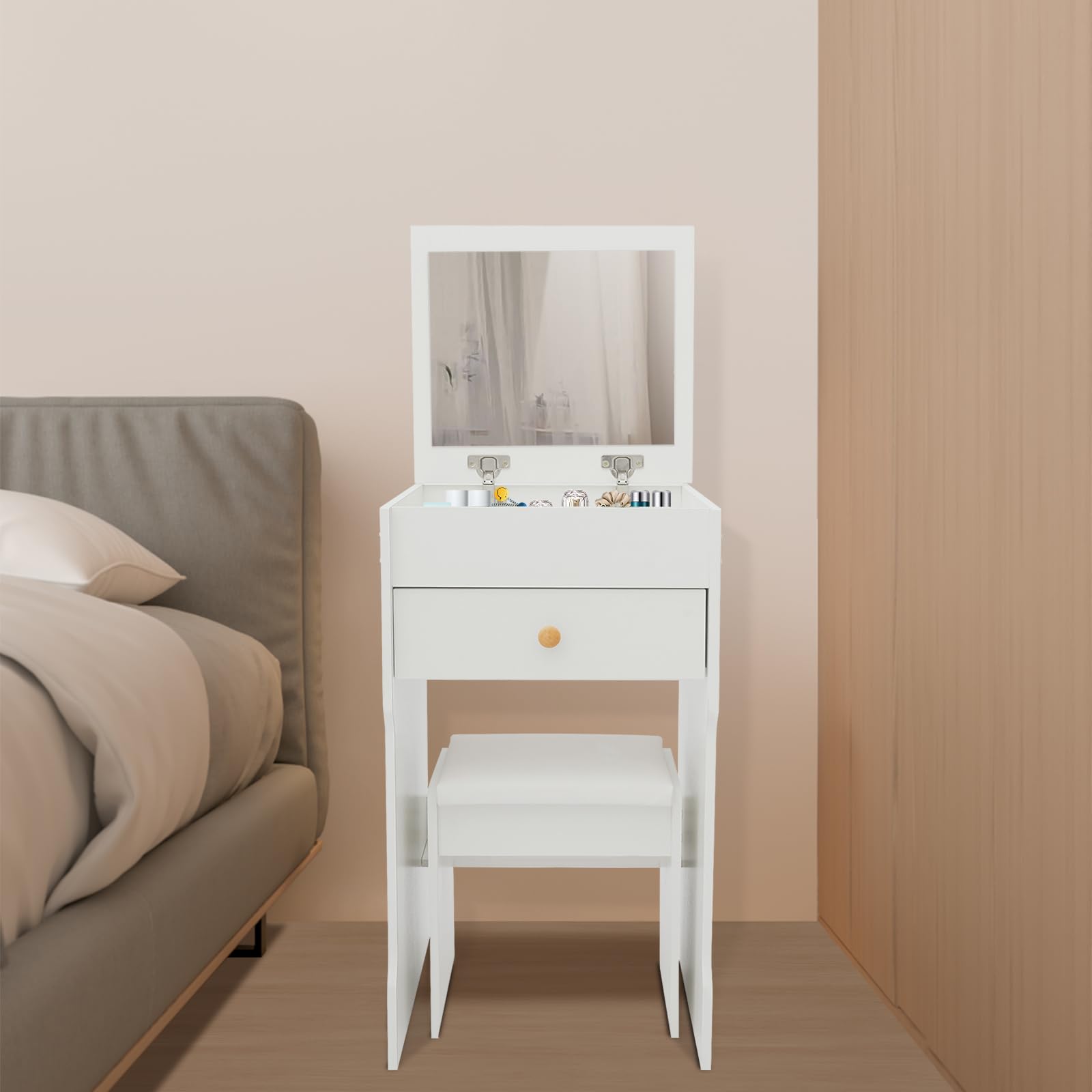 Tocador 3 en 1 pequeño, de pie, tocador con espejo abatible, juego de tocador para dormitorio, capacidad de carga de 90 kg, para apartamento, habitación pequeña
