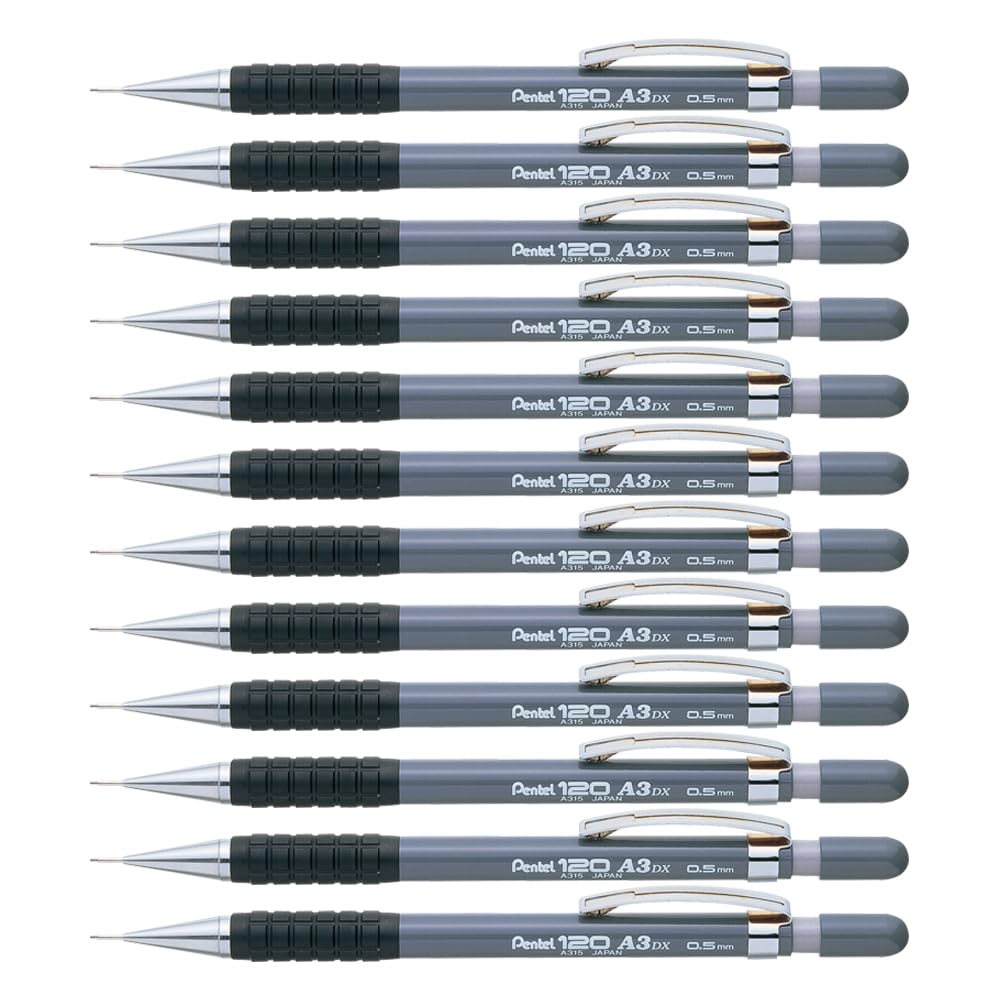 Pentel Hi-Graph Paquete de 12 lápices mecánicos 0.5 mm con Fixed Barrel 4 mm Gris Cuerpo