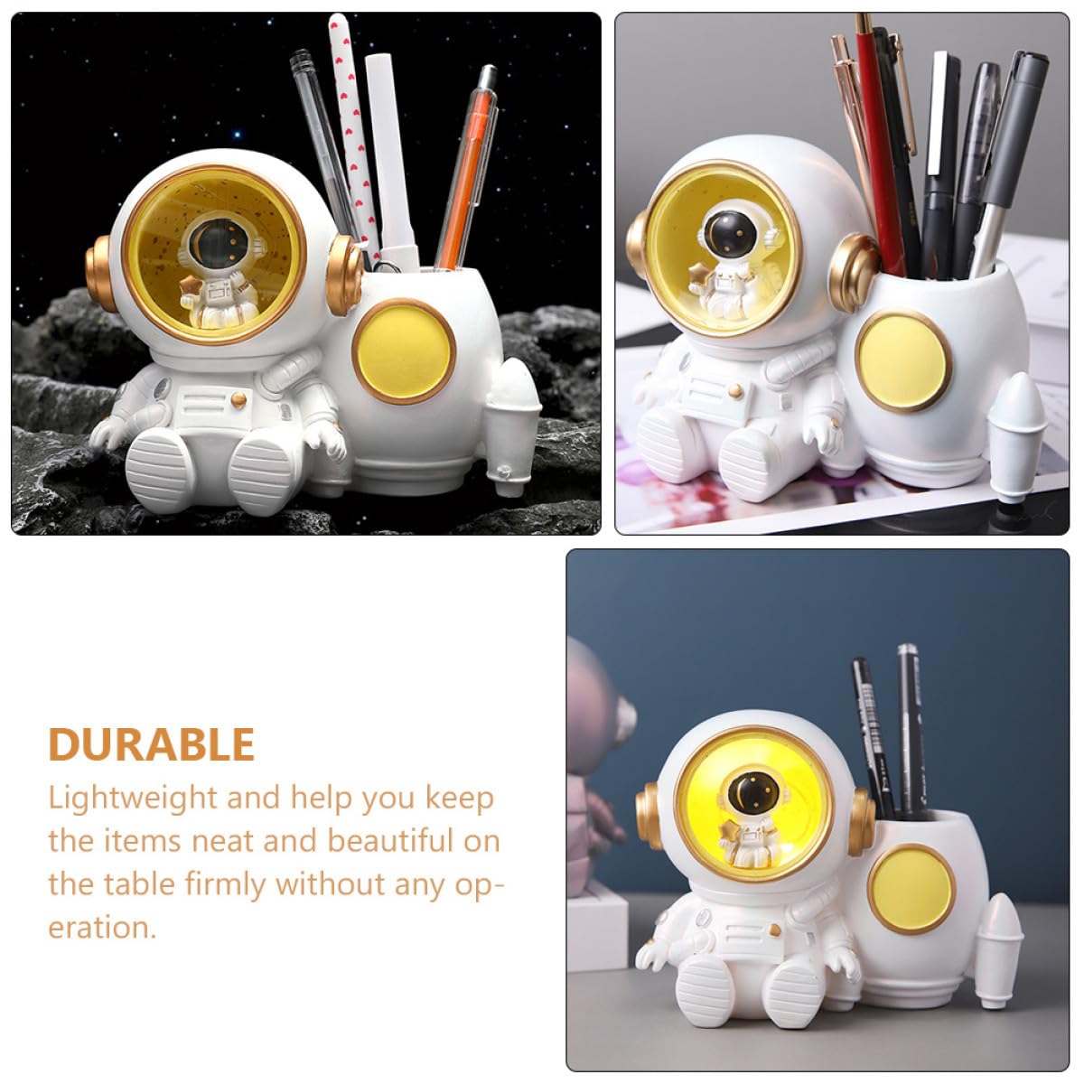 Zerodeko Portapenne Astronauta con Luce Porta Penne da Scrivania in Resina Bianco Grande Capacità per Studio e Ufficio