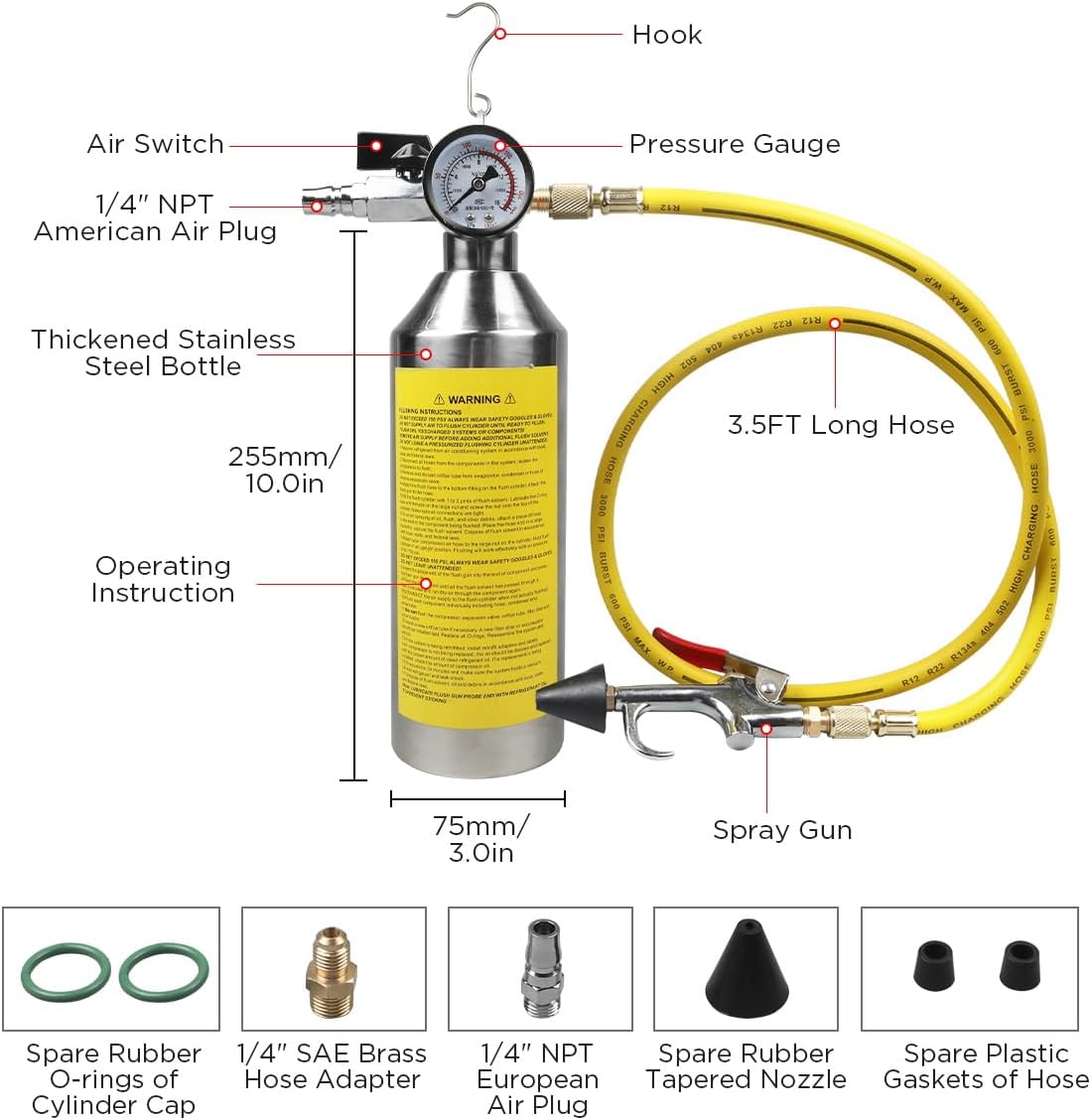 QPKING AC Flush Kit Car Air Conditioner System Pipe Cleaning Bottle Flush Canister Clean Tool for Auto HVAC Pipe Line Cleaning,R134A R12 R22 R404 R410A with 220 PSI Gauge, Air Plug Fittings & Hose