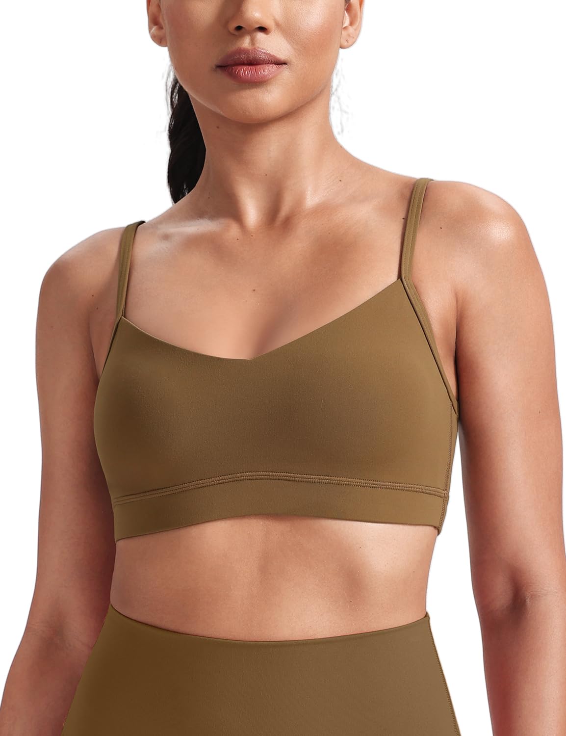 Womens V Neck Sports Bra, Spaghetti Thin Straps Camisole Yoga Tops Padded with Built in Bras A-C Cups