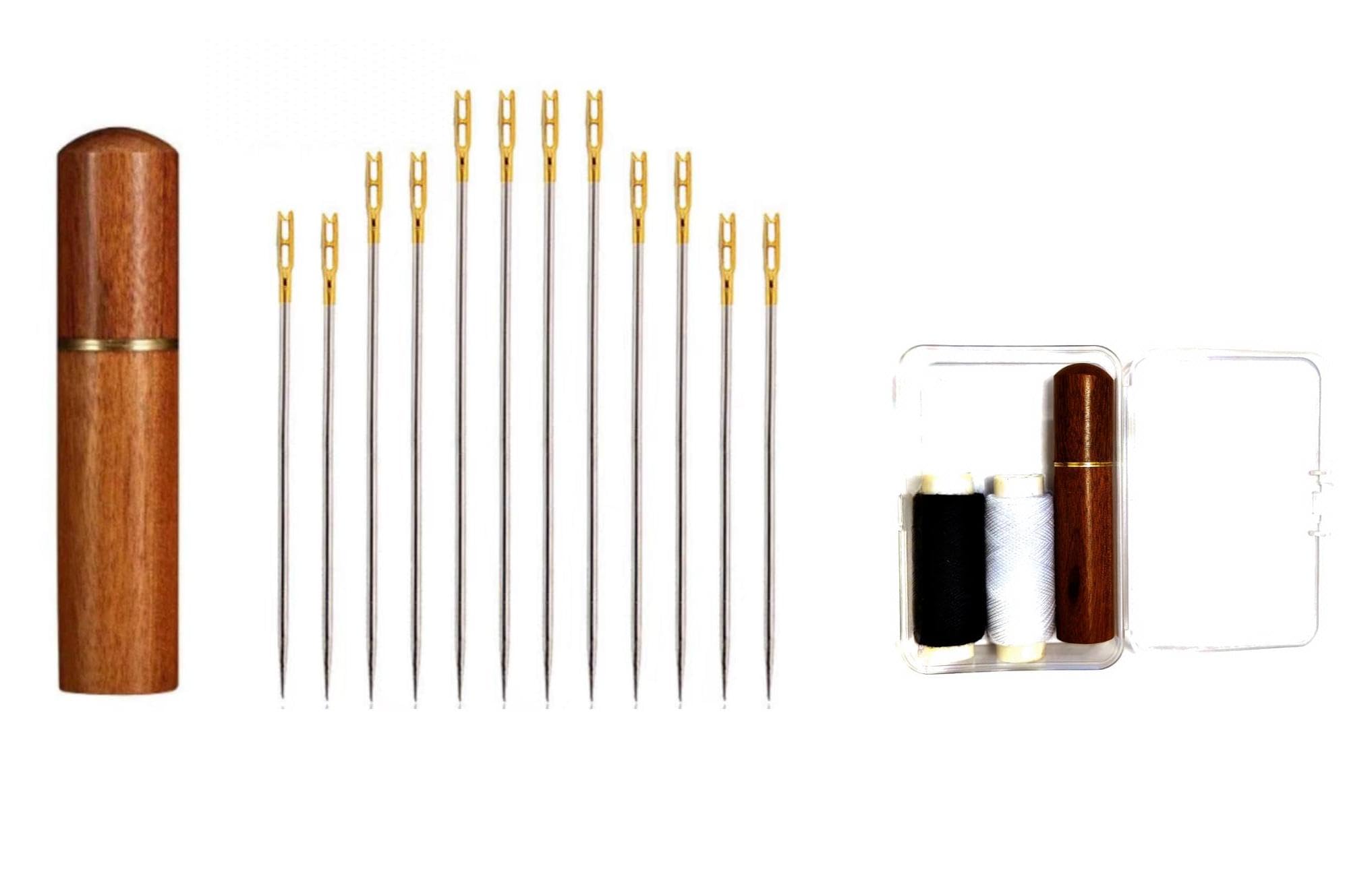 36 Pack Non Threading Sewing Needle Back Opening Dual-Purpose Sewing Needle with Wooden Needle Case+Square Storage Box+Black/White Threads Used for Sewing Clothes, Embroidery, etc(Mixed Sizes)