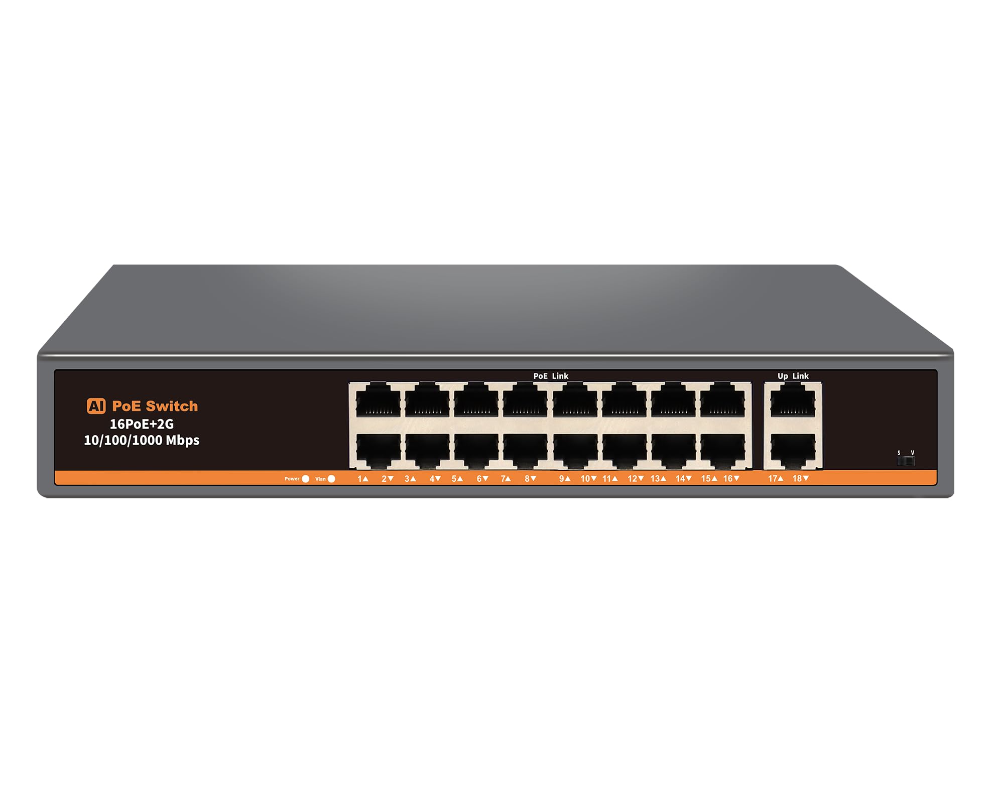 18 Port Unmanaged PoE+ Switch, 16 POE+ Ports &amp; 2 Gigabit Uplink Ports, IEEE 802.3af/at Compliant, Up to 250W Power, 250m Extended Distance, Metal Design, Plug &amp; Play