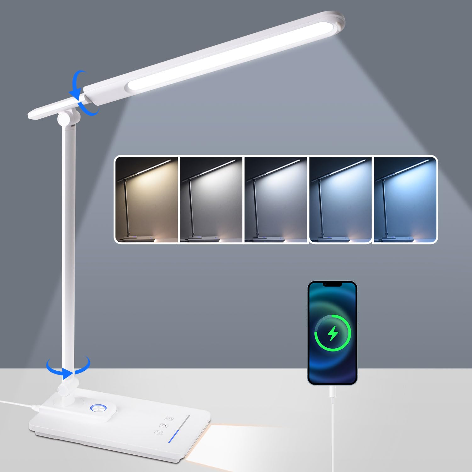 ErayLife Lámpara Escritorio, Flexo LED Escritorio con 6 Niveles de Brillo y 5 Modos, Control Táctil, Temporizador y Función de Memoria, Puerto USB Lámpara de Mesa para Trabajo Estudio Lectura Blanco