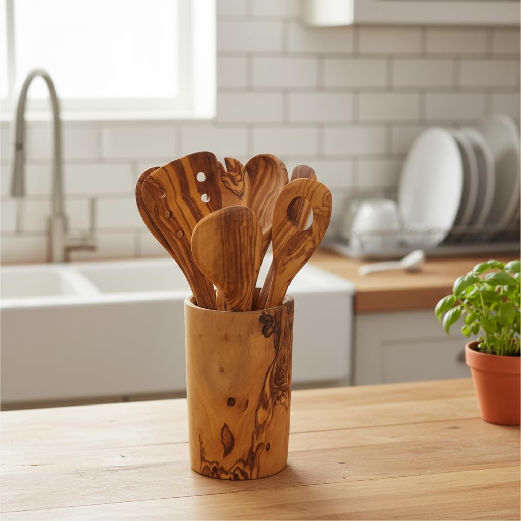 Küchenhelfer-Set mit Utensilienbecher, 7-teilig, Olivenholz, Küchenutensilien inkl. Salatbesteck, Pfannenwender, Kochlöffel, Risottolöffel, 30 cm