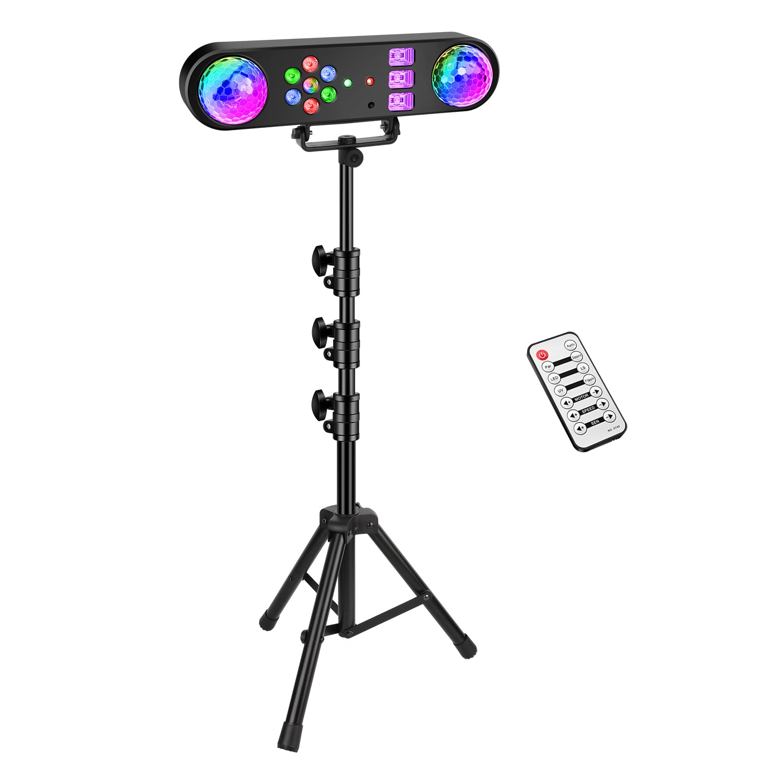 DJ Party Lights with Stand: Complete 5IN1 Light Bar System - Sound Activated Disco Ball UV Blacklight Strobe LED Par & Pattern Lights - Tripod Stand for House Parties Mobile DJs Christmas Lighting