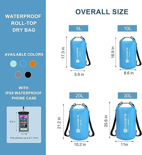 Miniatura 6 de Bolsa seca impermeable flotante enrollable Mochila impermeable para kayak, rafting, canotaje, SUP, pesca con funda impermeable IPX8, azul, 20L