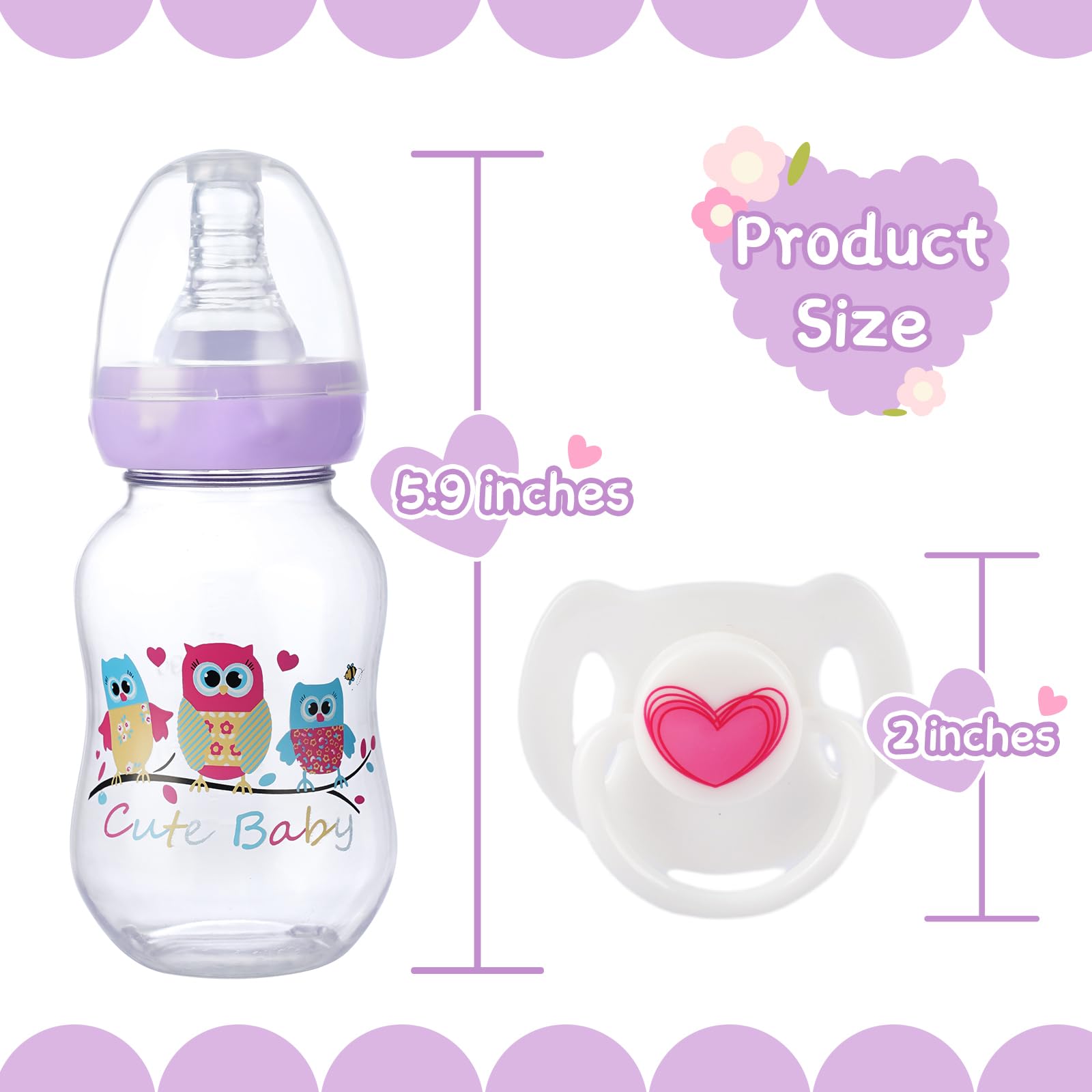 JIZHI 4 Pcs Baby Doll Bottles Set with Magnetic Pacifiers, Baby Doll Accessories for Reborn Baby Doll, Pretend Play Feeding Toy Kids Gift (Pink/Purple)