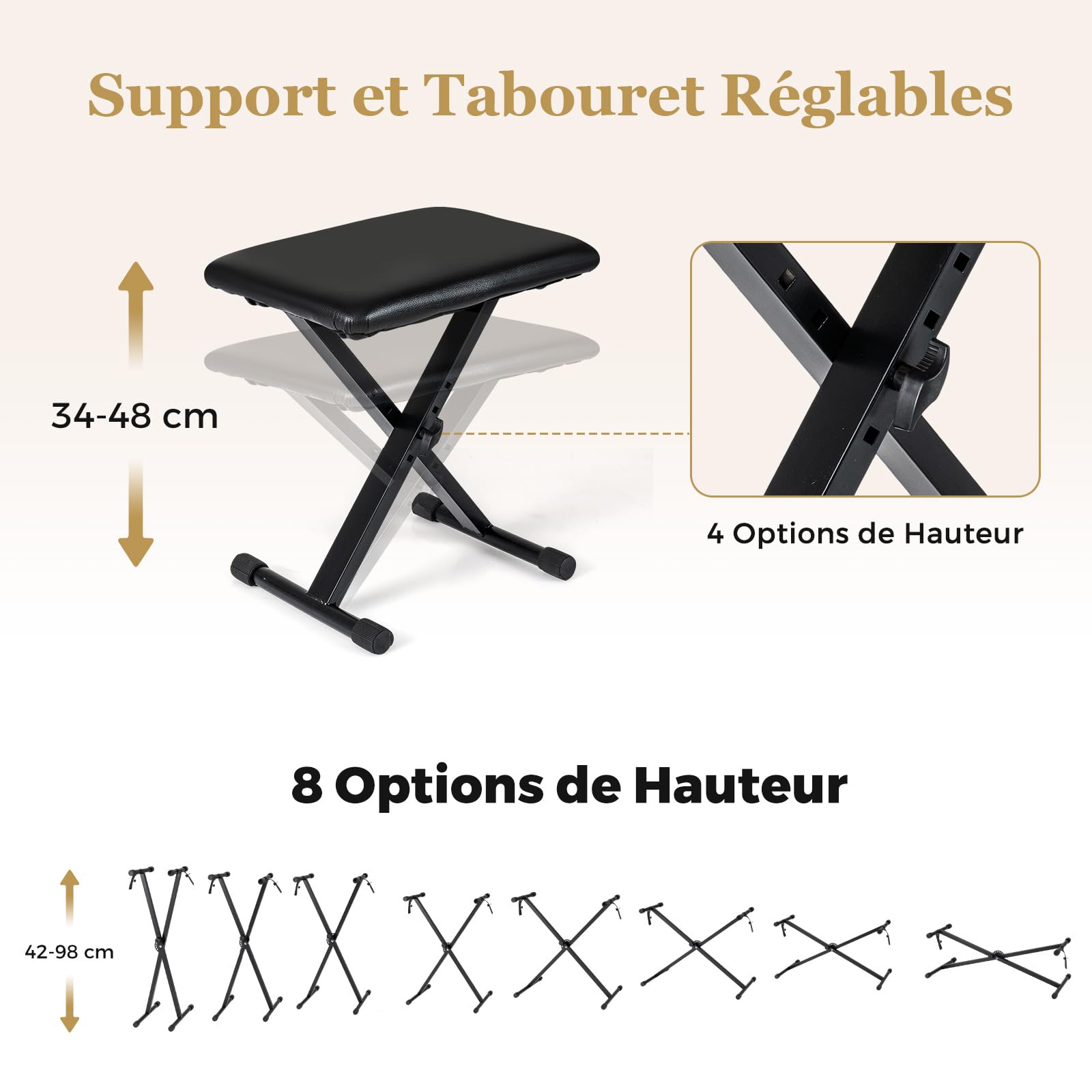 COSTWAY Piano Numérique 88 Touches avec Tabouret et Support Réglable, Clavier Piano Taille Complète avec Casque et Pupitre, 2 Haut-parleurs, Fonction MIDI, 128 Sons 128 Rythmes pour Débutants (Noir)