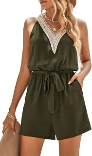 Women's Summer Sexy V Neck Romper 2025 Fashion Sleeveless Casual Waist Tie Short Jumpsuit With Pocket