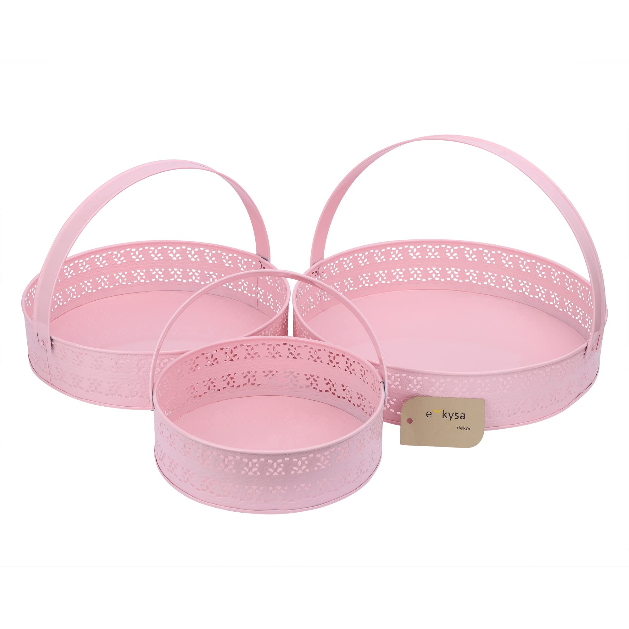 ekysa dekormetal multipurpose hamper Fancy Basket / Tray / Platter (Set of 3) with handles for Packing, Gifting, Decoration - Baby Pink (20*6, 26*6, 30*6 cm)