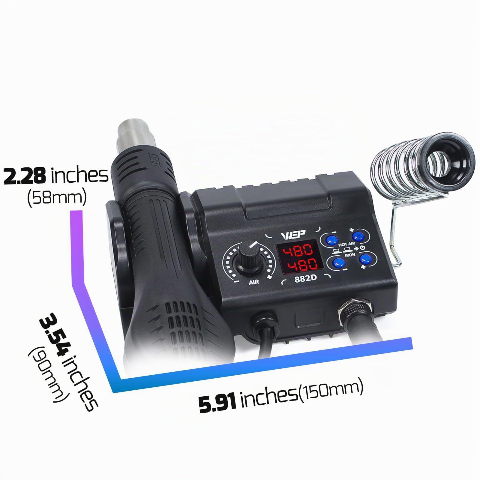 WEP 882D Estación de soldadura de aire caliente SMD 2-en-1 con 2 carrede de alambre de soldadura, 3 toberas de aire caliente, limpide lana de lat, pinzas, bomba Desoldering (EU Plug)