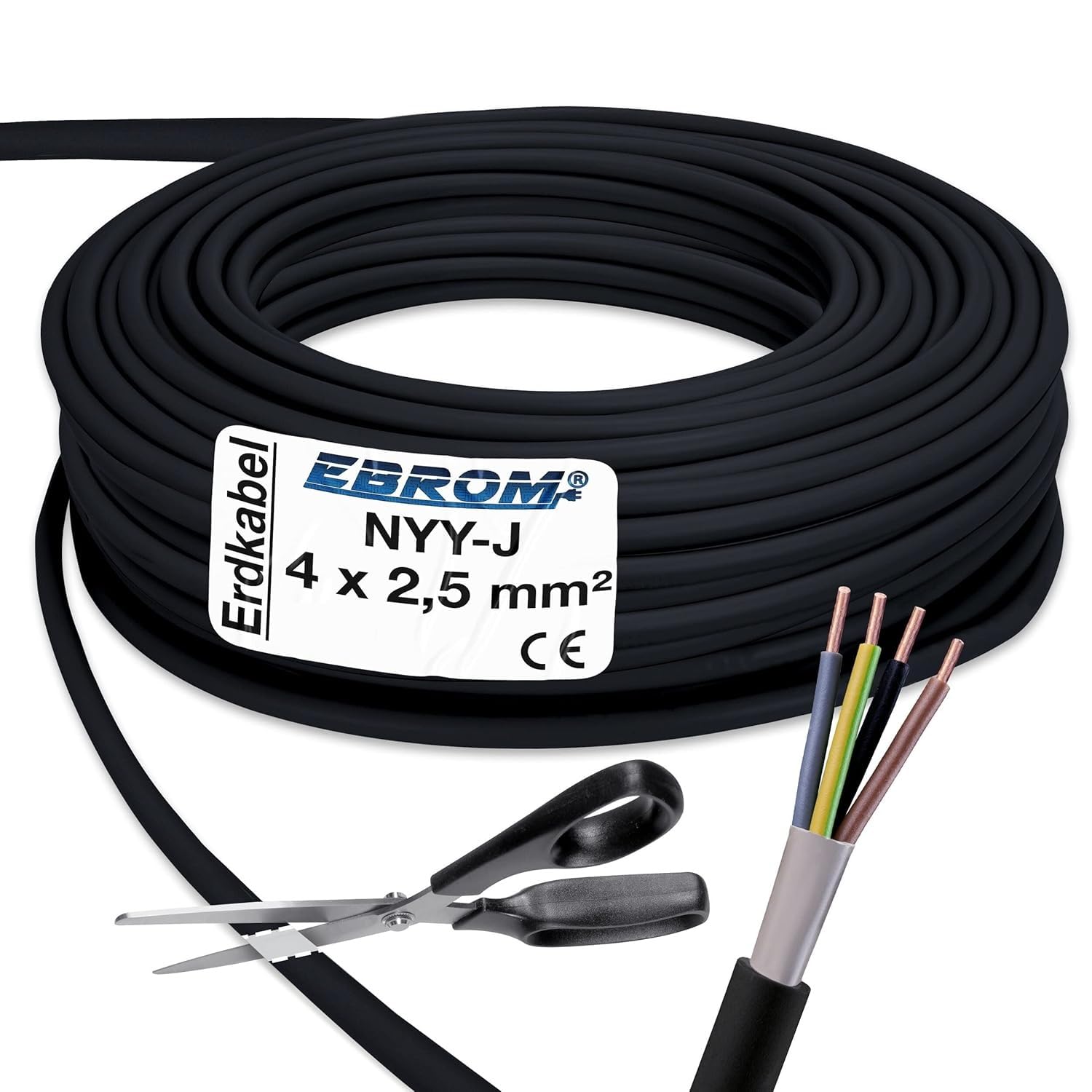 EBROM Erdkabel NYY-J 4x2,5 mm² Starkstromkabel Erdleitung schwarz -30 m | 10 bis 100m - Elektrokabel zur Verlegung im freien oder im Erdreich - VDE 0276, Teil 603 - Nennspannung: 600/1000V, 4x2,5 mm2
