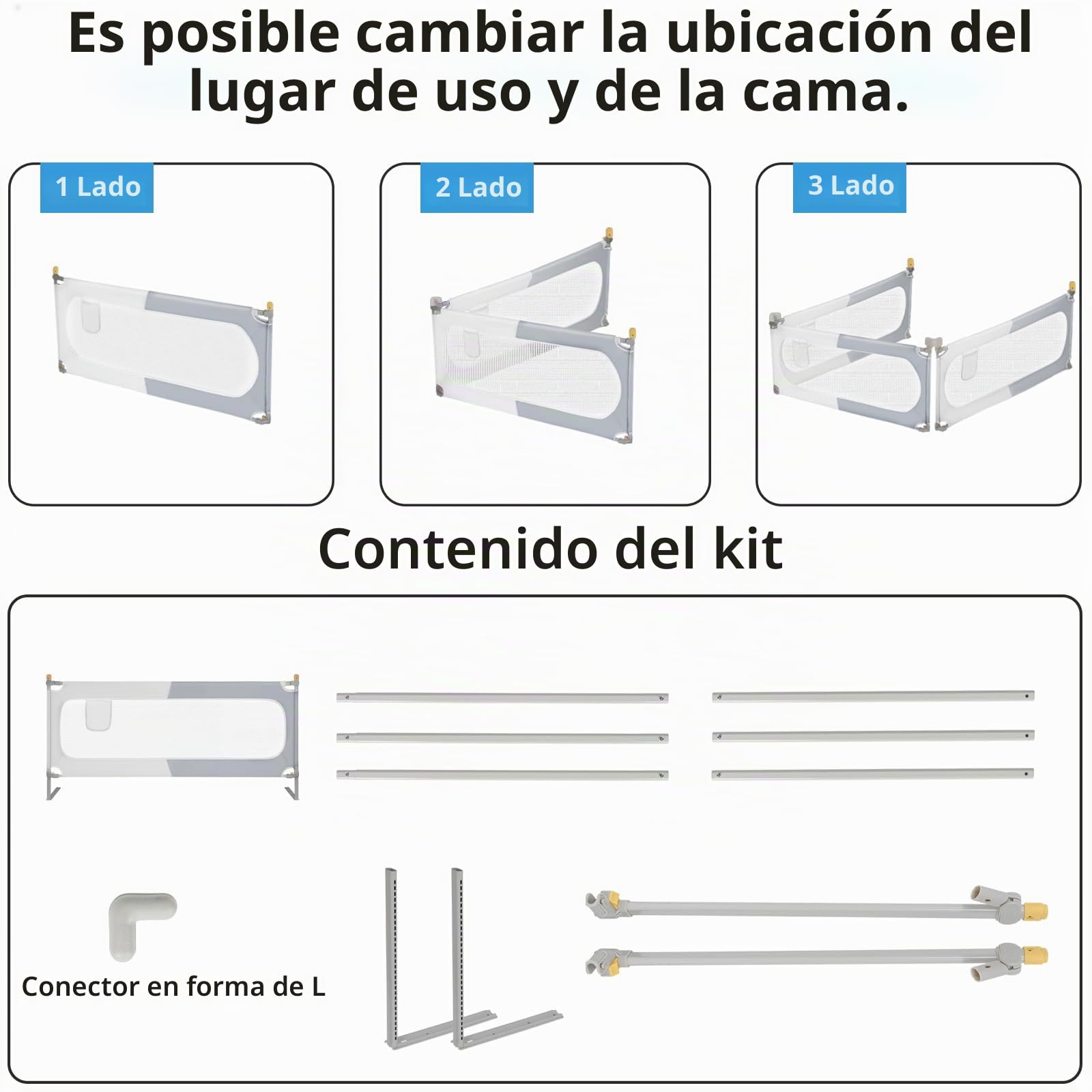 OUUTMEE Barrera de seguridad para cama de 200 cm, plegable, 30 alturas, altura regulable, diseño de bloques de color gris y blanco