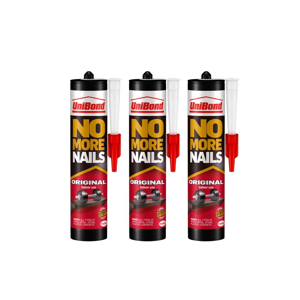 UniBond No More Nails Original, Heavy-Duty Mounting Adhesive, No Nails Strong Glue for Wood, Ceramic, Metal etc., White Instant Grab Adhesive, Pack of 3 (3 x 365g Cartridges)