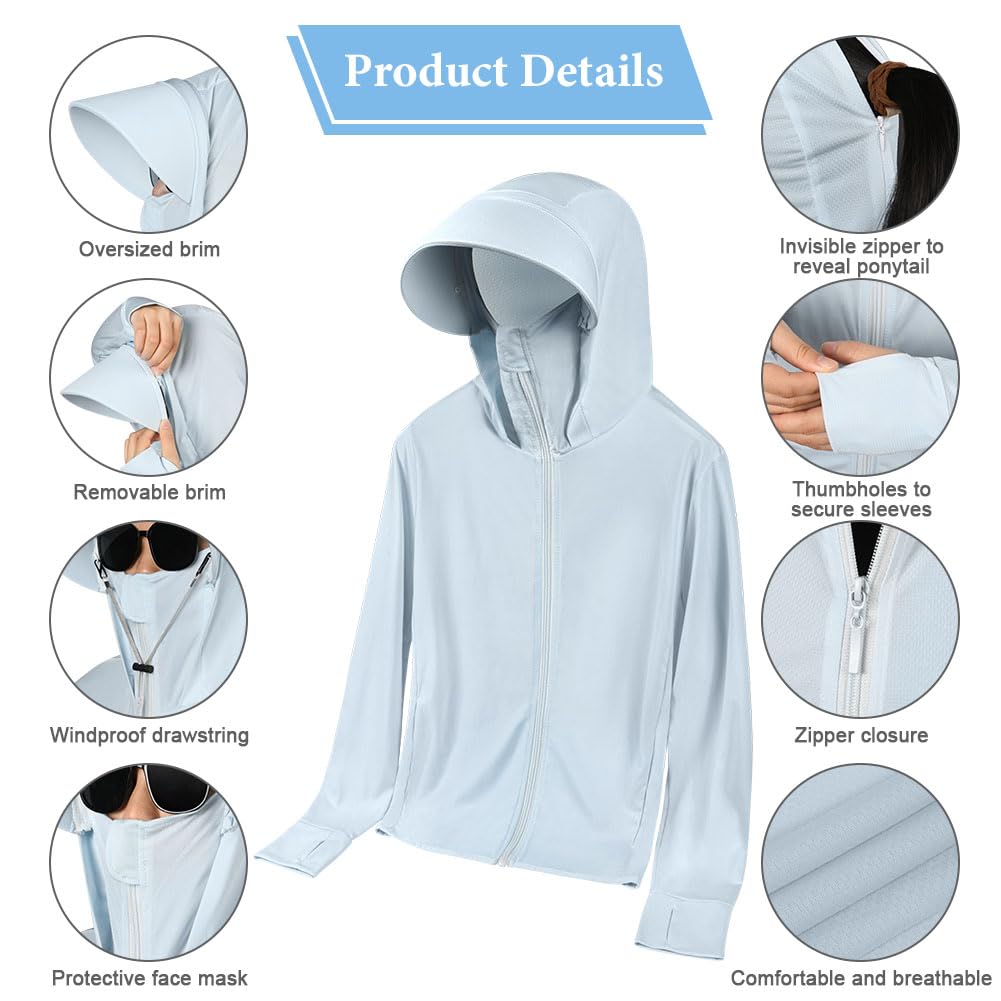 AUYAO UPF50+ Veste à Capuche Femme, Vestes de Sport Protection Solaire Respirant avec Poches, Sweat a Capuche Manches Longues, Chemise Anti UV Ete Femme Homme pour Running, Jogging, Baignade(M-L) - 3
