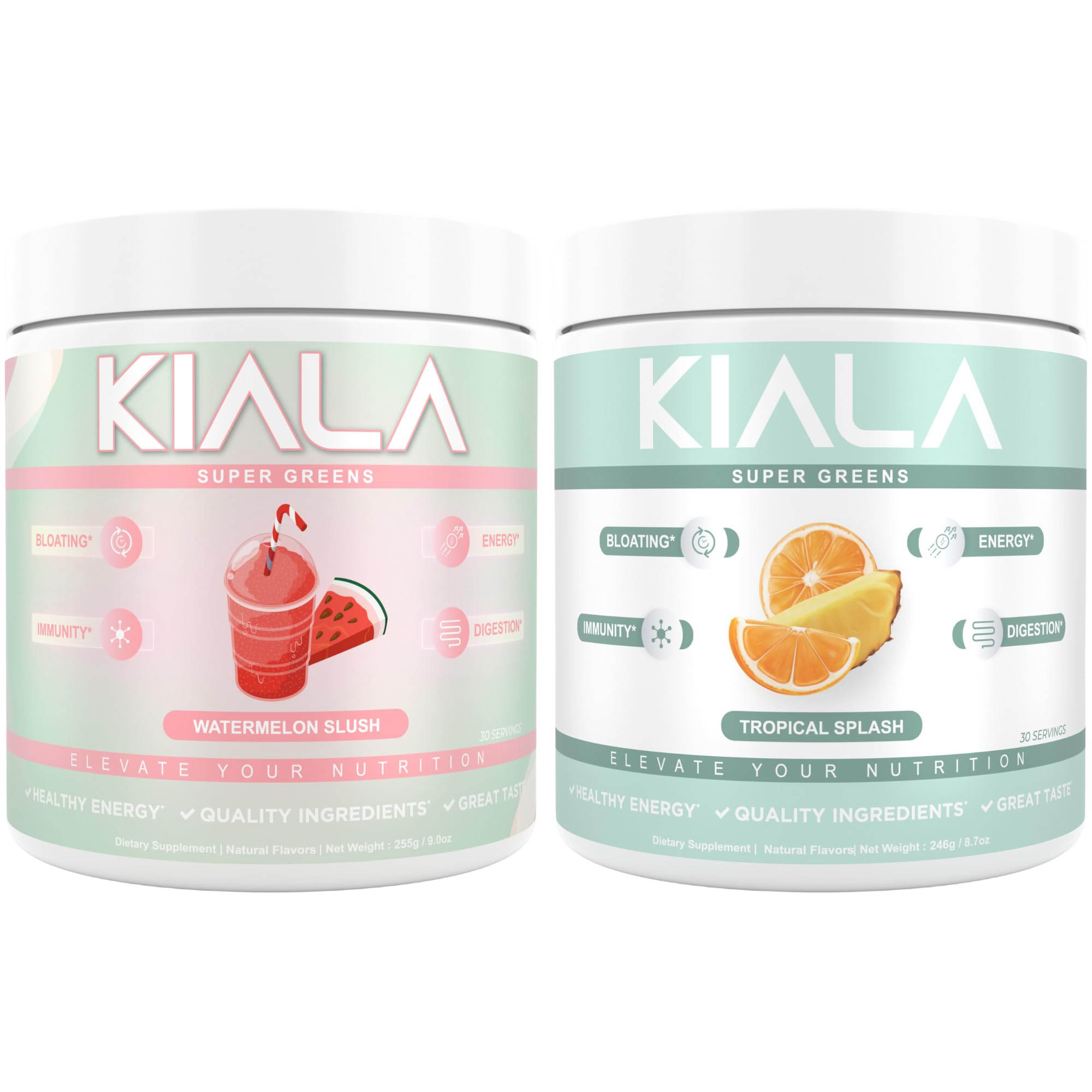 Kiala Nutrition Super Greens, Organic Greens Powder with Spirulina & Chlorella for Digestion, Gut Health, Immunity & Energy, Gluten Free, Vegan, Watermelon Slush + Tropical Splash, 30 Servings Each