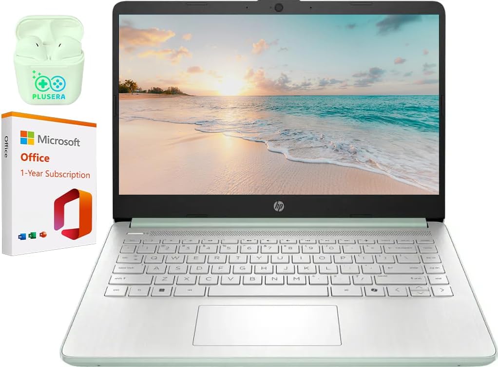 HP 14" LED Business Laptop Computer, 16GB RAM 640GB Storage (128GB UFS + 512GB SD Card), Intel Quad-Core N150, Windows 11 S & 1-Year Microsoft Office 365 Included, PLUSERA Earphones, Willow Green