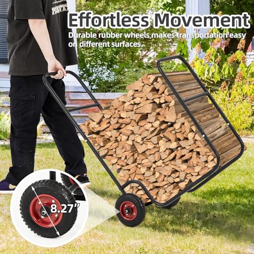 Danrelax Firewood Log Cart Carrier, Heavy Duty Steel Outdoor Wood Rack Storage Mover with Solid Pneumatic Rubber Wheels, 220 lbs Capacity, Perfect for Fireplace and Fire Pit, Black