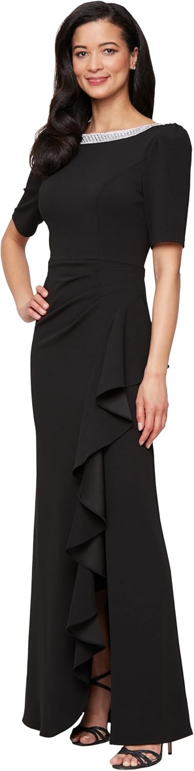 Alex Evenings Womens Long Embellished Neck Mother of The Bride Dress with Elbow Puff Sleeve (Petite and Regular Sizes)