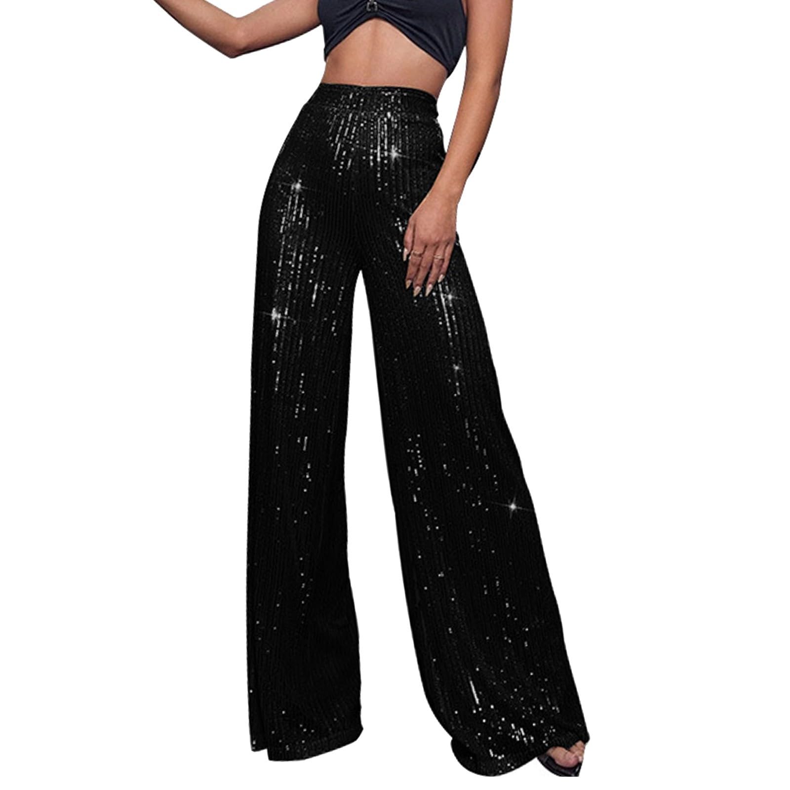 Glitterbroek voor dames, lange broek met gouden pailletten, zilveren pailletten, broek met palazzo, glanzende broek, hoge taille, joggingbroek, lange yogabroek, carnavalskostuum, oudejaarsavond
