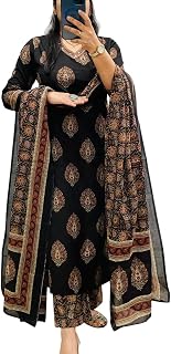 Rangnavi Women's Cotton Trending Straight Kurta with Pants and Dupatta Set | Ethnic Set (BLACK) Price In India