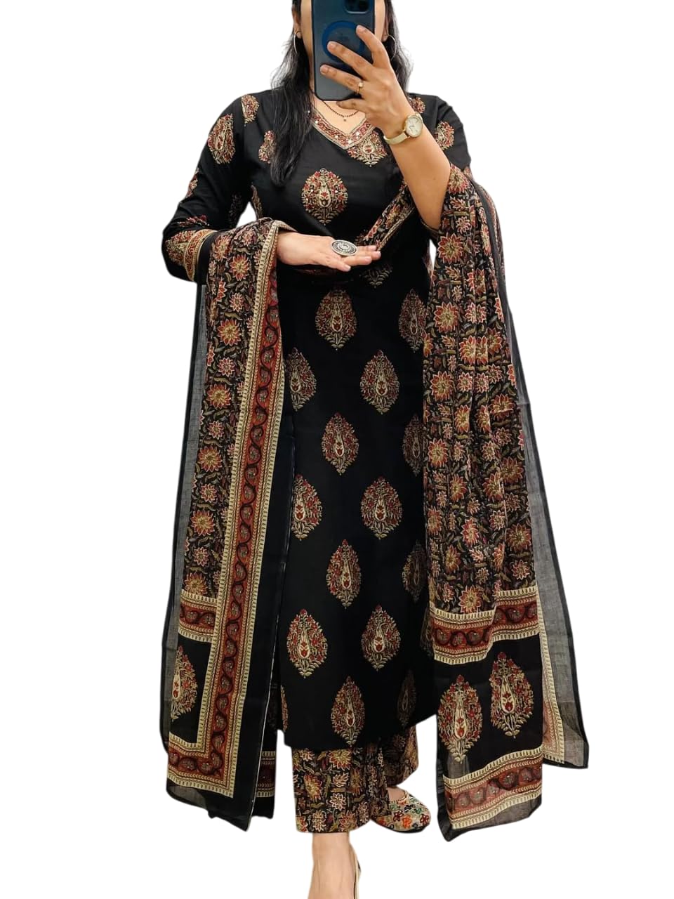 Women's Cotton Trending Straight Kurta with Pants and Dupatta Set | Ethnic Set (BLACK)