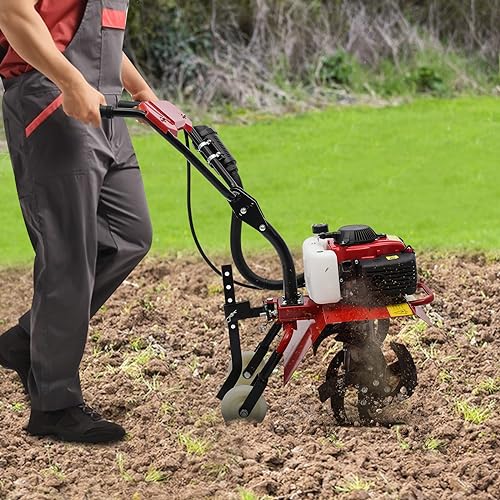 awolsrgiop Full-Size Front Tine Tiller, 63cc Air-Cooled 4-Stroke Engine, Tilling Width Up to 13.78 Inch Adjustable Tilling Depth Up to 5.9