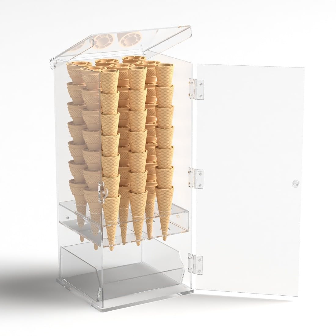 Porta coni gelato in plexiglass trasparente a 9 fori con vaschetta porta cucchiaini e con sportello - Misure: 24 x 23 x H55 cm