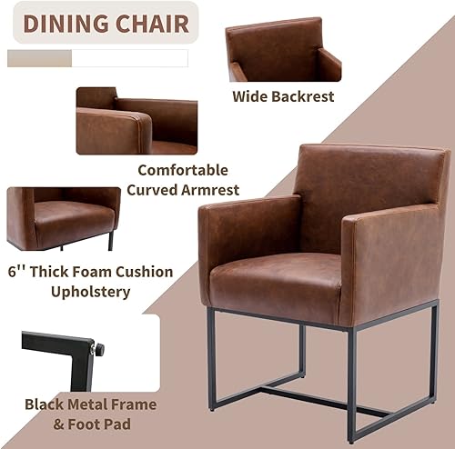 Miniatura 4 de HNY Juego de 2 sillas de comedor tapizadas modernas de mediados de siglo con brazos, sillas decorativas de piel sintética con marco de metal acabado