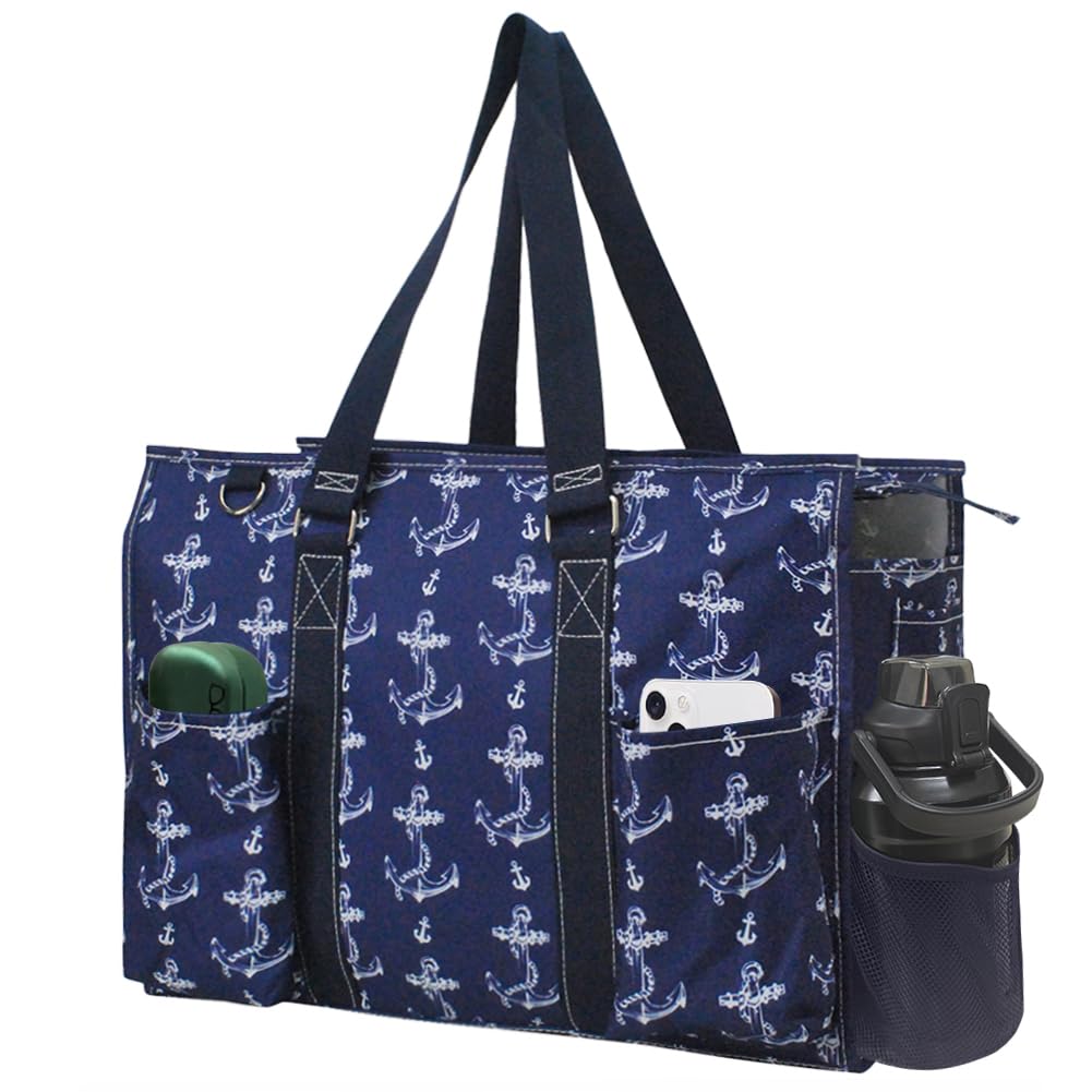 NGIL Zip-Top Tote Bag with Exterior Pockets for Working Women, Nurses, and Moms, Design in USA (Vintage Anchor-Navy)