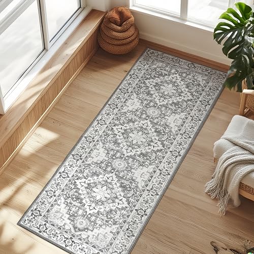 Lofus 2x6 Hallway Washable Runner Rug, Vintage Kitchen Runners Non Slip, Entryway Rugs for Bathroom Bedroom Living Room Laundry Room Floor Mat, Boho Entry Long Carpet, Floral Grey