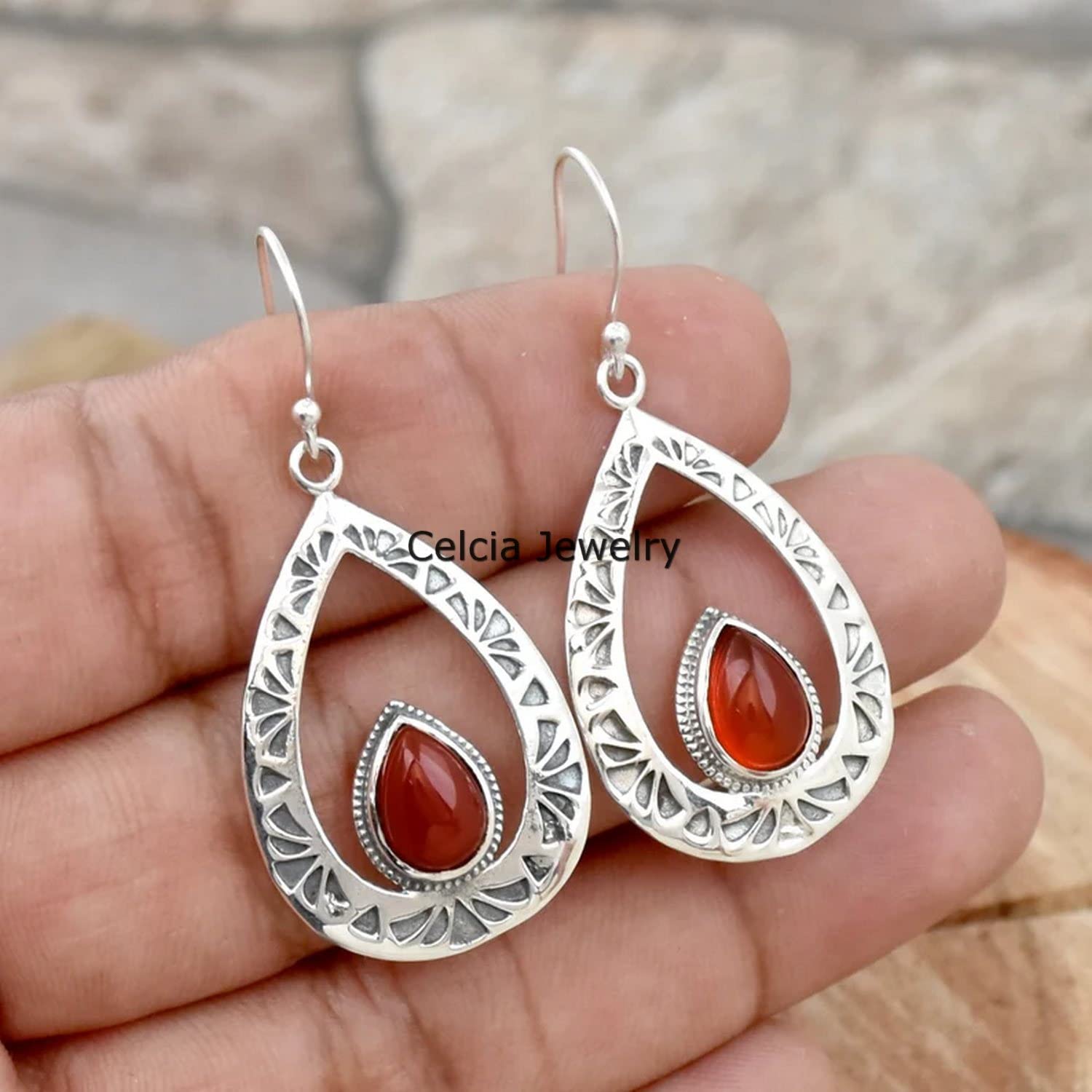 Orecchini pendenti in vero argento sterling 925 per le donne, orecchini delicati con pietre preziose naturali di onice rosso, orecchini artigianali unici