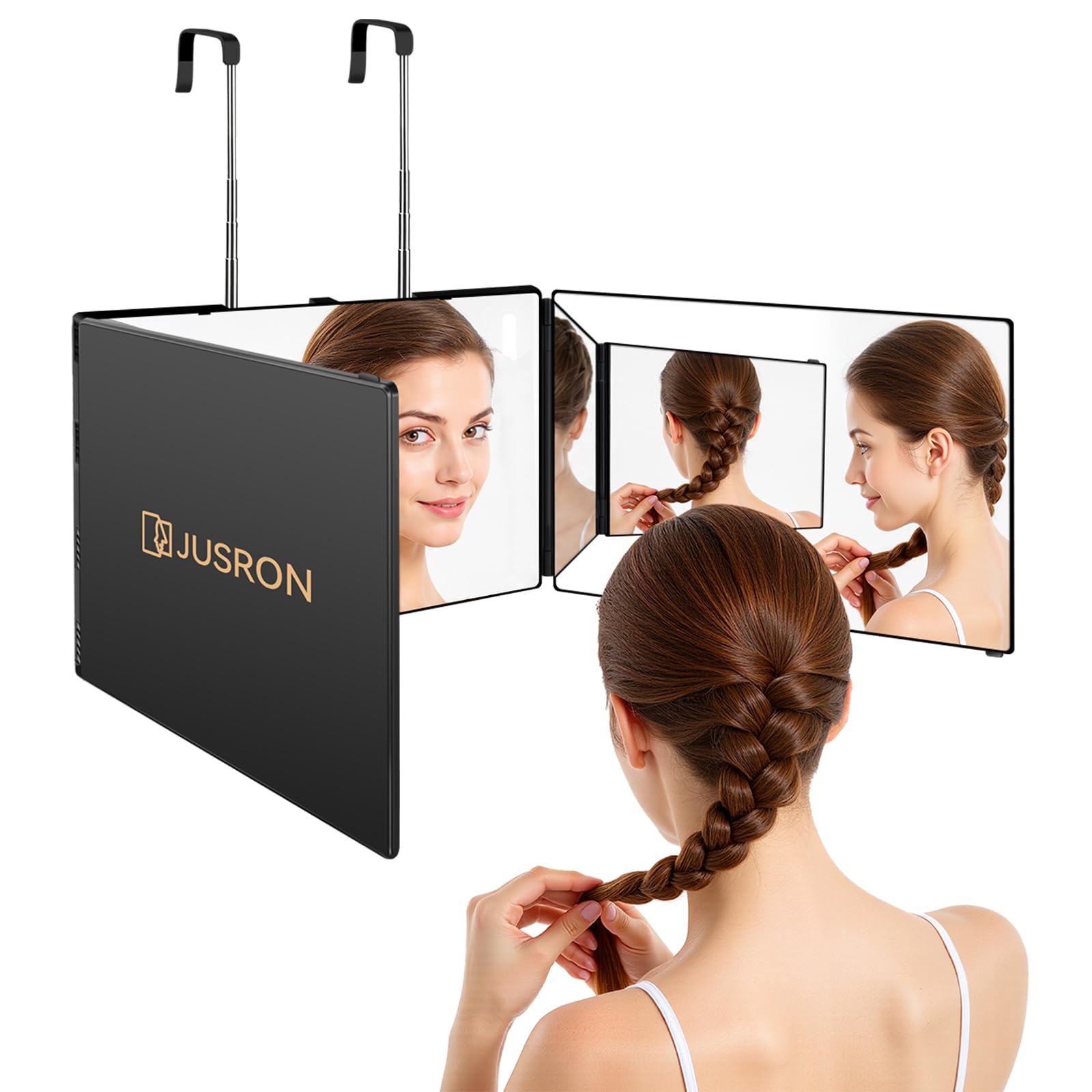 JUSRON Miroir Pliable à 360 degrés - 3 pièces - Miroir cosmétique à Couper soi-même - Hauteur réglable avec Crochet