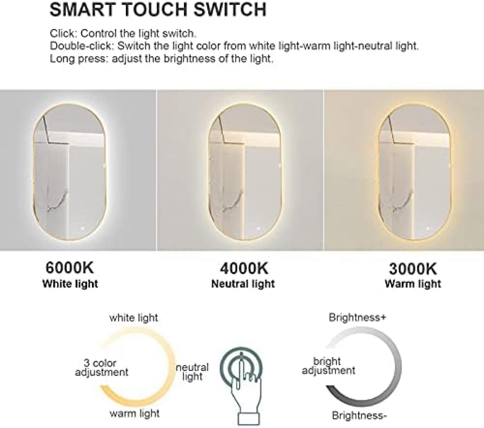 Nowoczesne owalne lustro łazienkowe z podświetleniem LED - ściemnialne, 3 temperatury barwowe - inteligentne światło LED - lustro do makijażu montowane na ścianie - aluminiowa rama