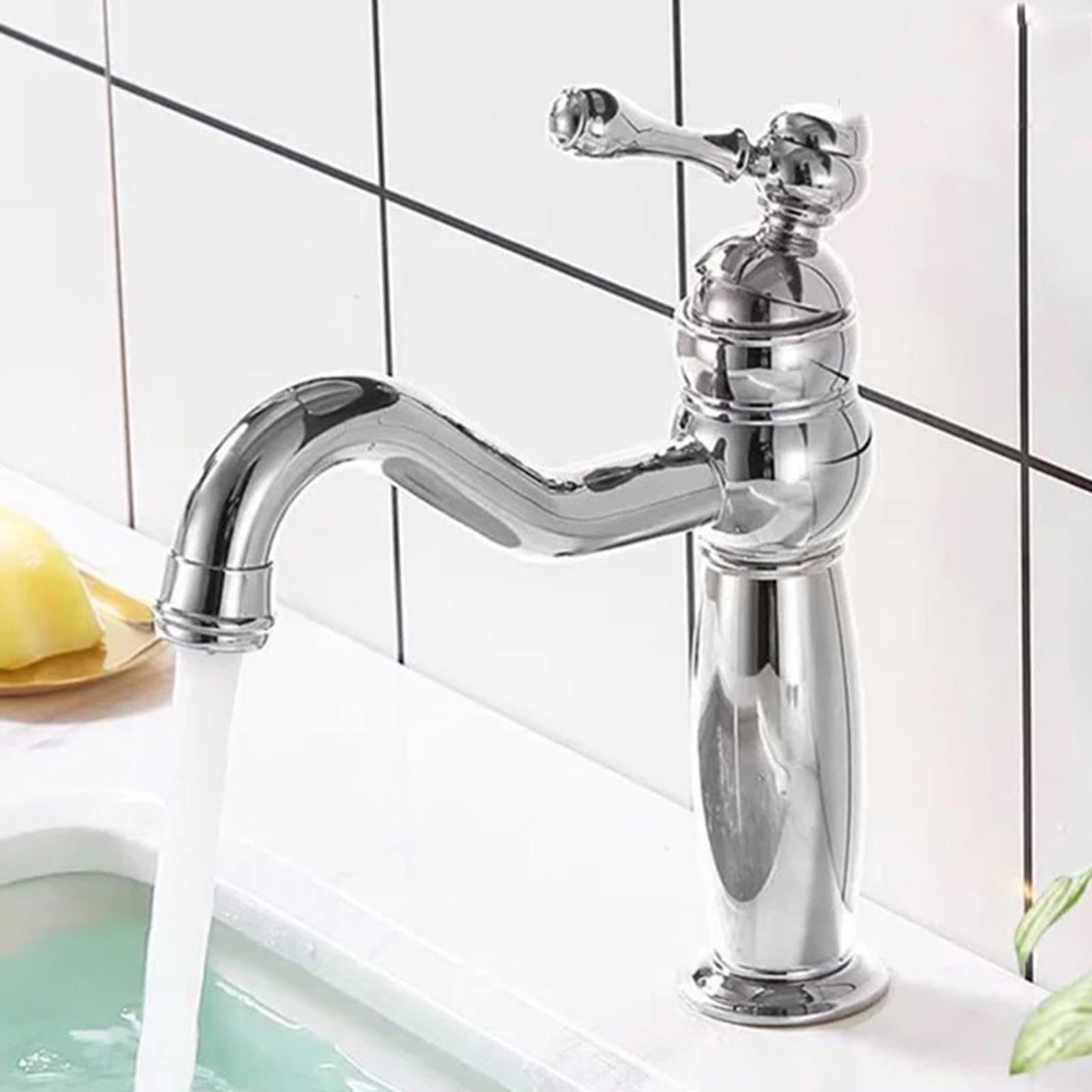 Miscelatore Cromato per lavabo da Bagno, Acqua Calda e Fredda, Maniglia Singola, in Ottone, 1 Foro