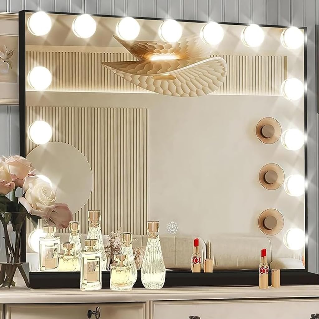 SensaHome Vanity Mirror Pro – Specchio Trucco Hollywood con 15 LED Dimmerabili – 3 Modalità di Illuminazione – 80x60 cm – Nero