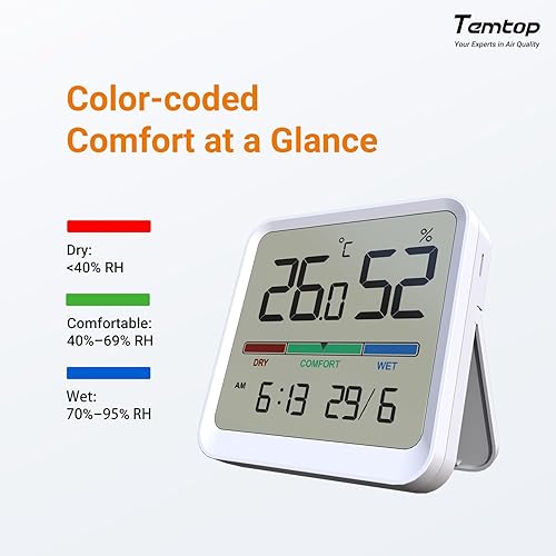 Miniatura 3 de Temtop Termómetro higrómetro de interior, monitor digital de precisión de temperaturahumedad con imán y adhesivo 3M, fecha y hora, montaje en