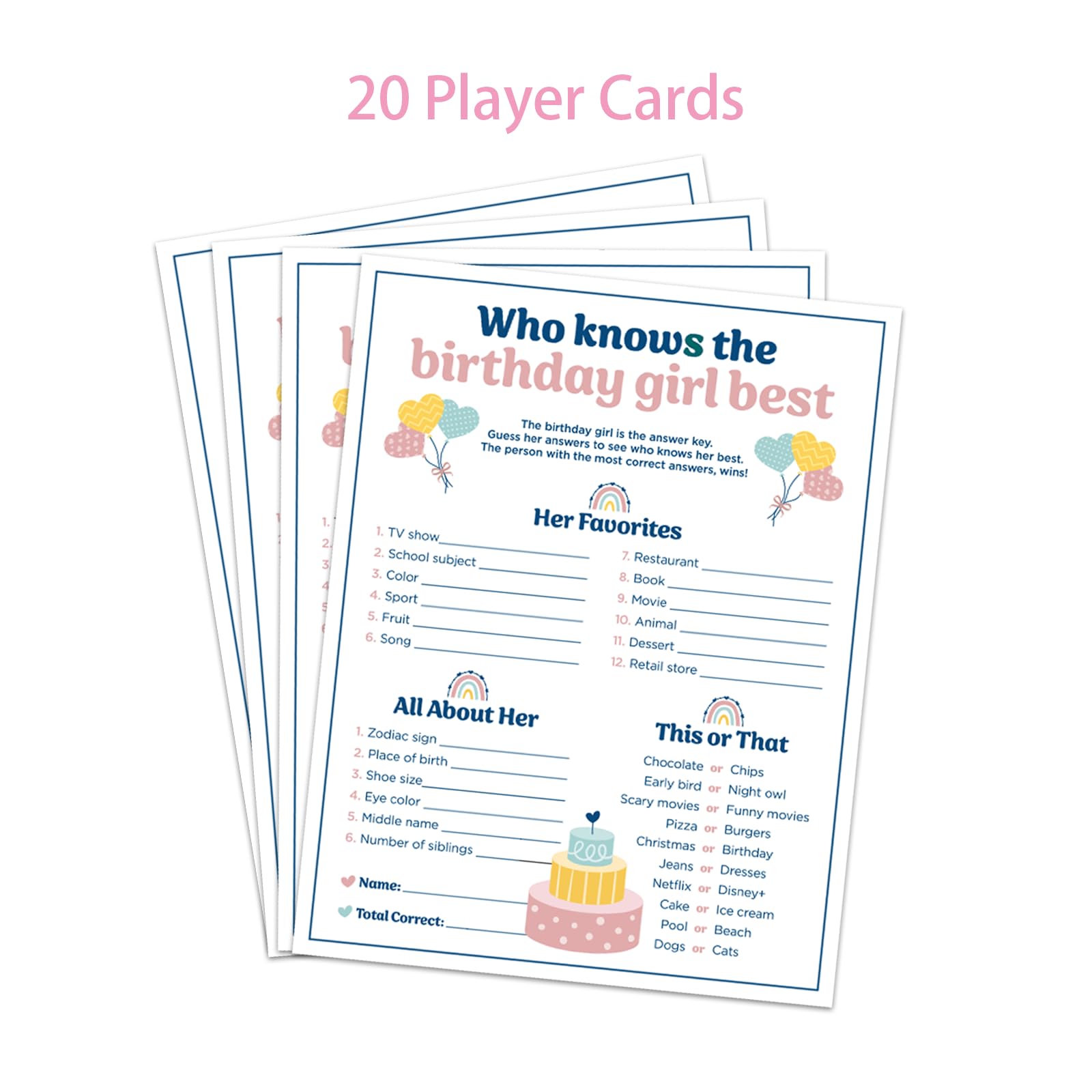 Who Knows The Birthday Girl Best Game Cards - 20-Pack Party Games With Balloons & Confetti Design