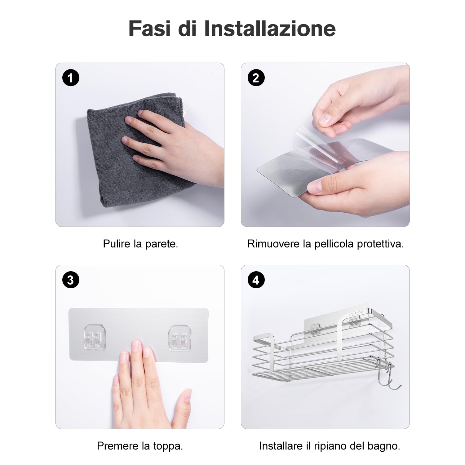 Carehabi Mensola Doccia Senza Foratura 2 Pezzi Organizer Bagno in Acciaio Inox SUS304 con 4 Ganci Mensola Senza Foratura Oggetti Bagno per Shampoo per Bagno e Cucina