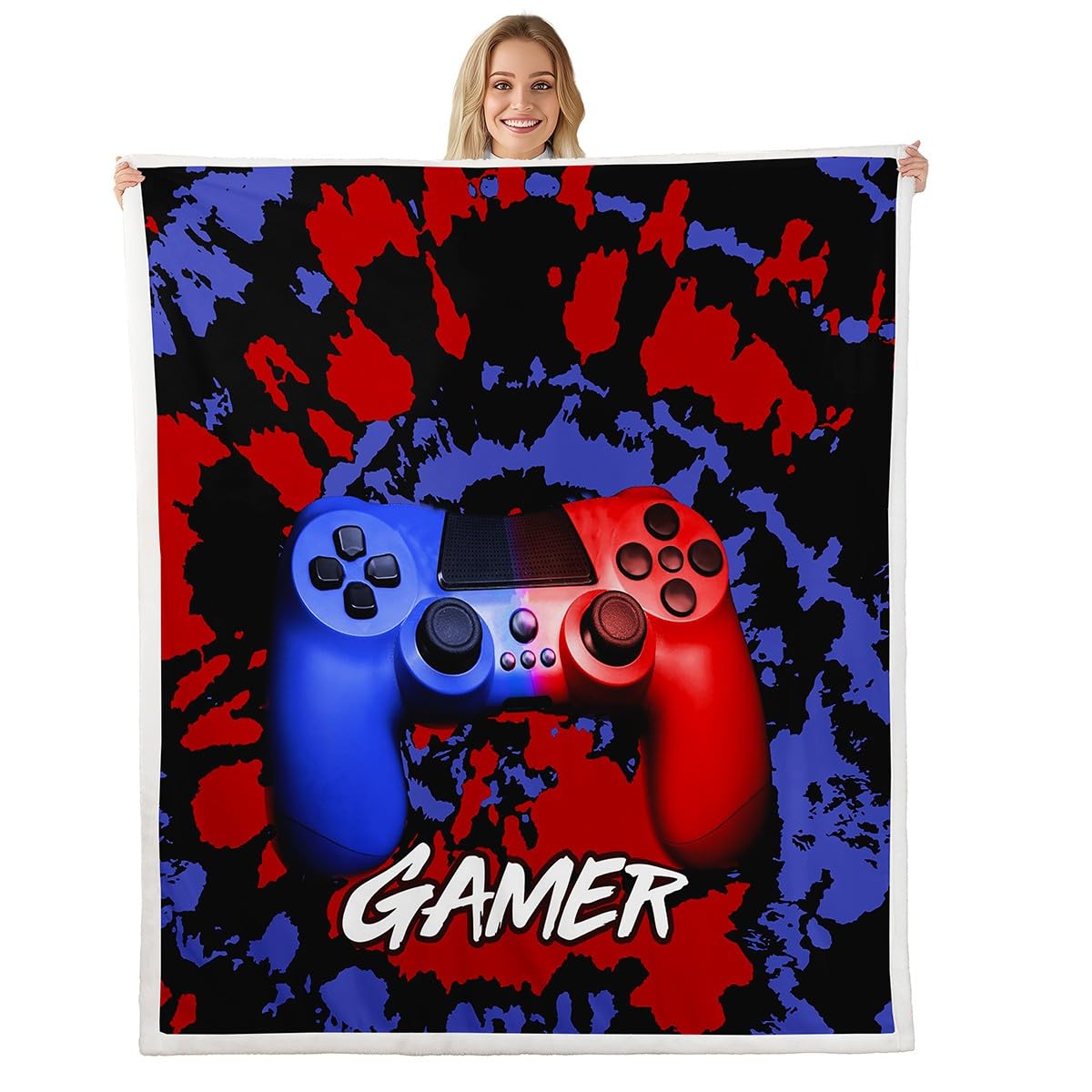 Loussiesd Boys & Girls Blue & Red Tie Dye Sherpa Blanket for Teens, Men & Kids - Gaming, Plush, Fuzzy - Bright Double 60x79 Inch — image 1