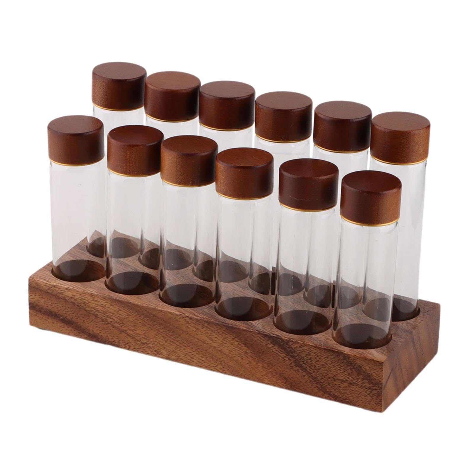 YIXANNX Airtight Sealed Glass Coffee Beans Storage Jars Multifunctional Tubes Aluminum Wooden Display Stand Dried Fruits Dose Coffee Bean Storage Tubes, Brown, 12 Holes