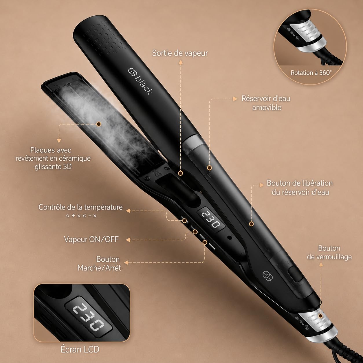 Golden Goods Steampod Pro Lisseur Cheveux Vapeur 230ºC Céramique Ionique