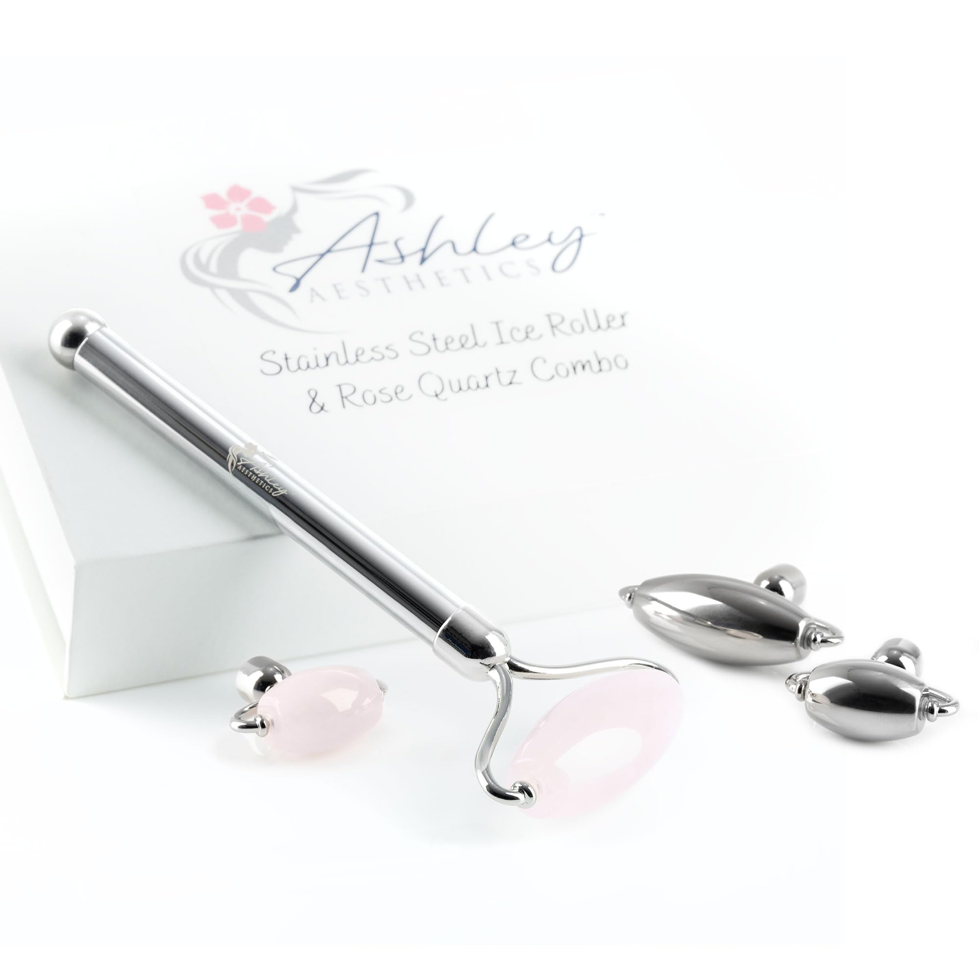 Stainless Steel Ice Roller Rose Quartz Facial Set Luxury Skin Care Tools for Lymphatic Drainage Product Absorption Skin