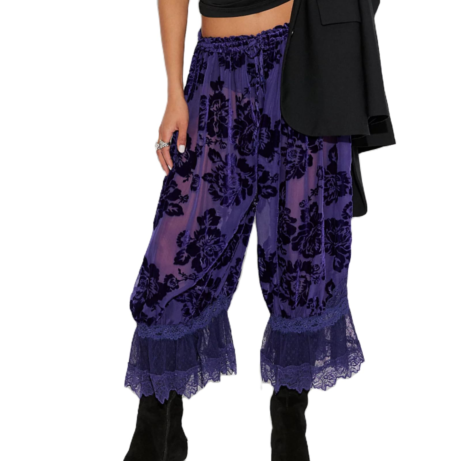 Women Lace Trim Long Bloomers Y2k Floral Ruffle Elastic Mid Rise Pettipants Cropped Flared Slips Pants