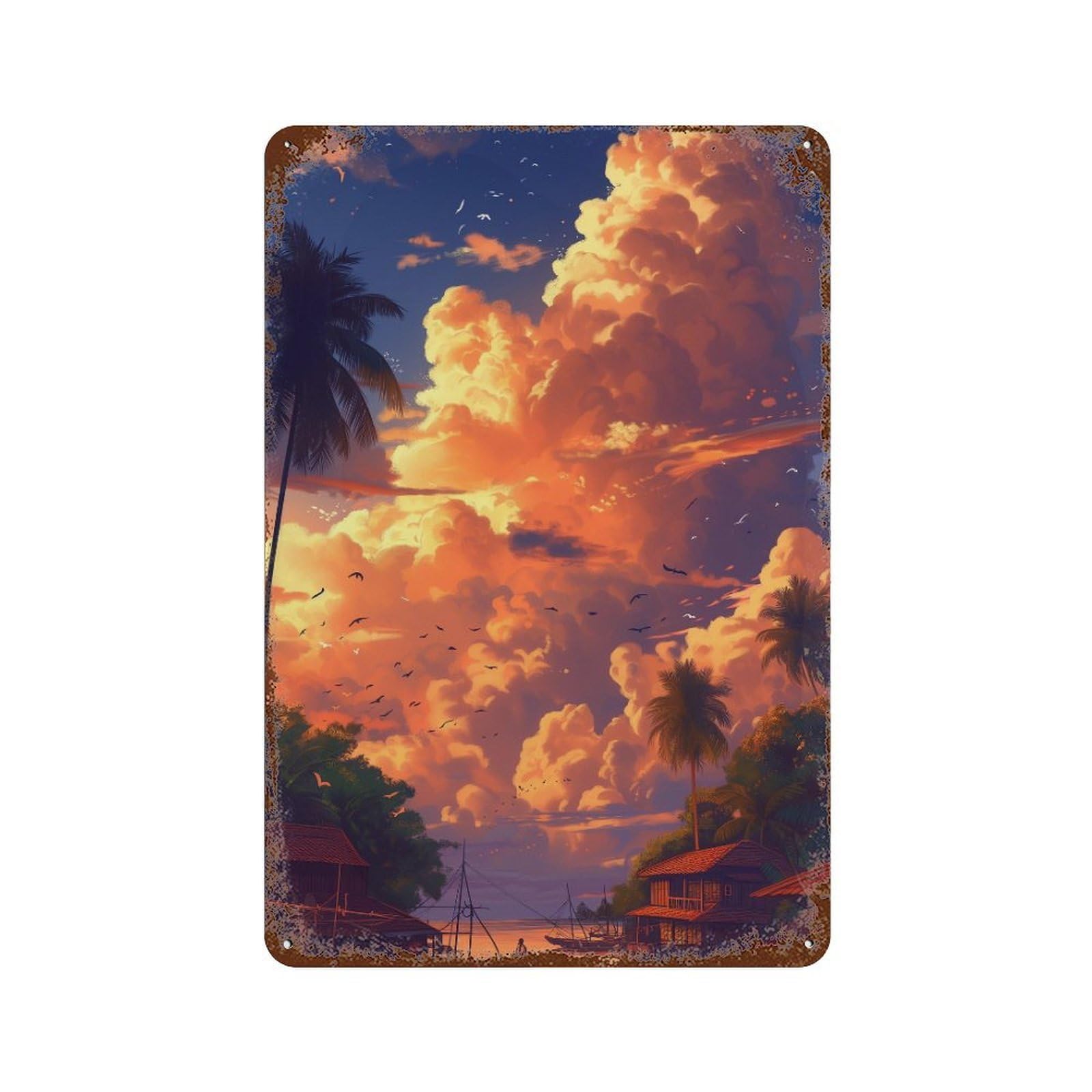 Weathered Tin Sign Tropical Sunset Scene-2 11.8"x7.9", Rustic Home Decor for Basement, Hobby Room And Garage Decor