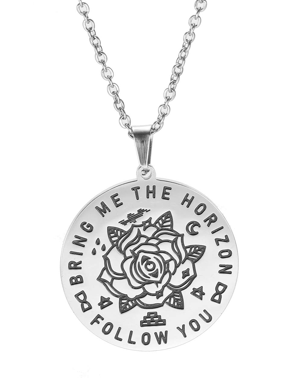 316L Stainless Steel Blooming Rose Flower Necklace Engraved Words Follow You Bring Me The Horizon Round Charm Jewelry Necklaces for Men Women Teens