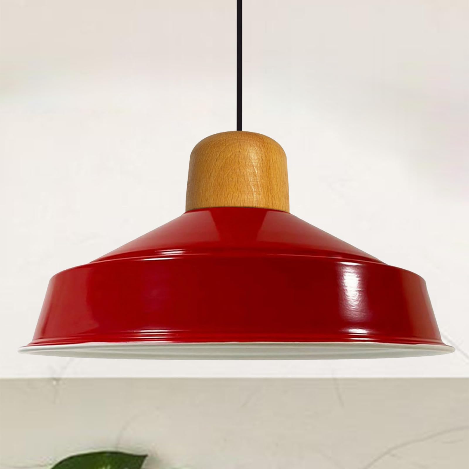 Bamyum Lampadario a Sospensione Vintage Industriale - 40 cm Diametro, Lampada in Legno, Rosso