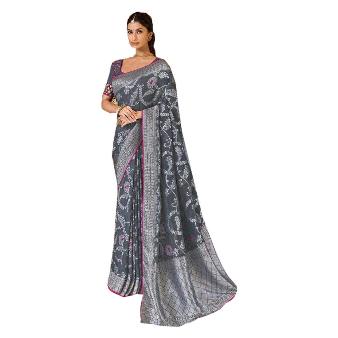 Grey Indian Traditional Fully Woven Silk Rich Pallu Wedding Occasion Saree Embroidered Blouse Muslim Hizzab Party Sari YK