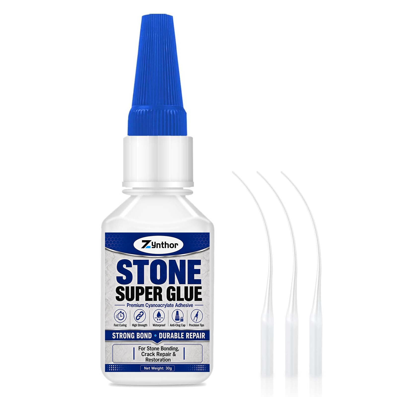 Zynthor Stone Super Glue 30g, Clear Strong Stone Glue with 3 Precision Tips